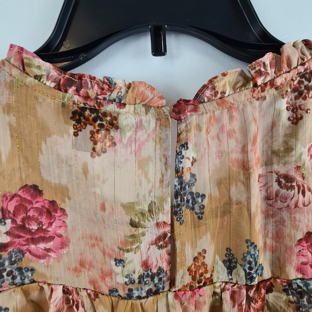 Torrid Women Plus 3 3X Tan Red Floral Chiffon Flutter Sleeve Metallic Blouse NEW - Picture 9 of 9